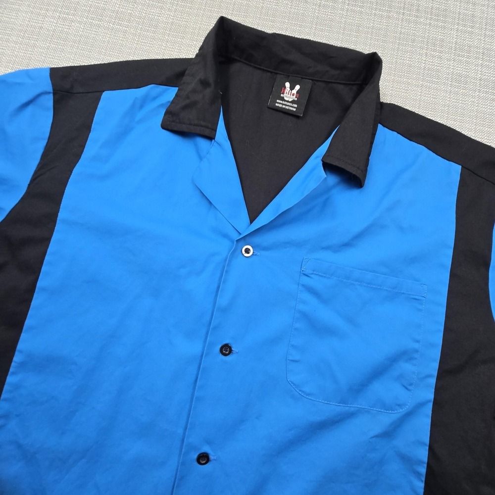 Hilton Bowling Retro Shirt Mens Large Blue Black Colorblock Pocket Button Up